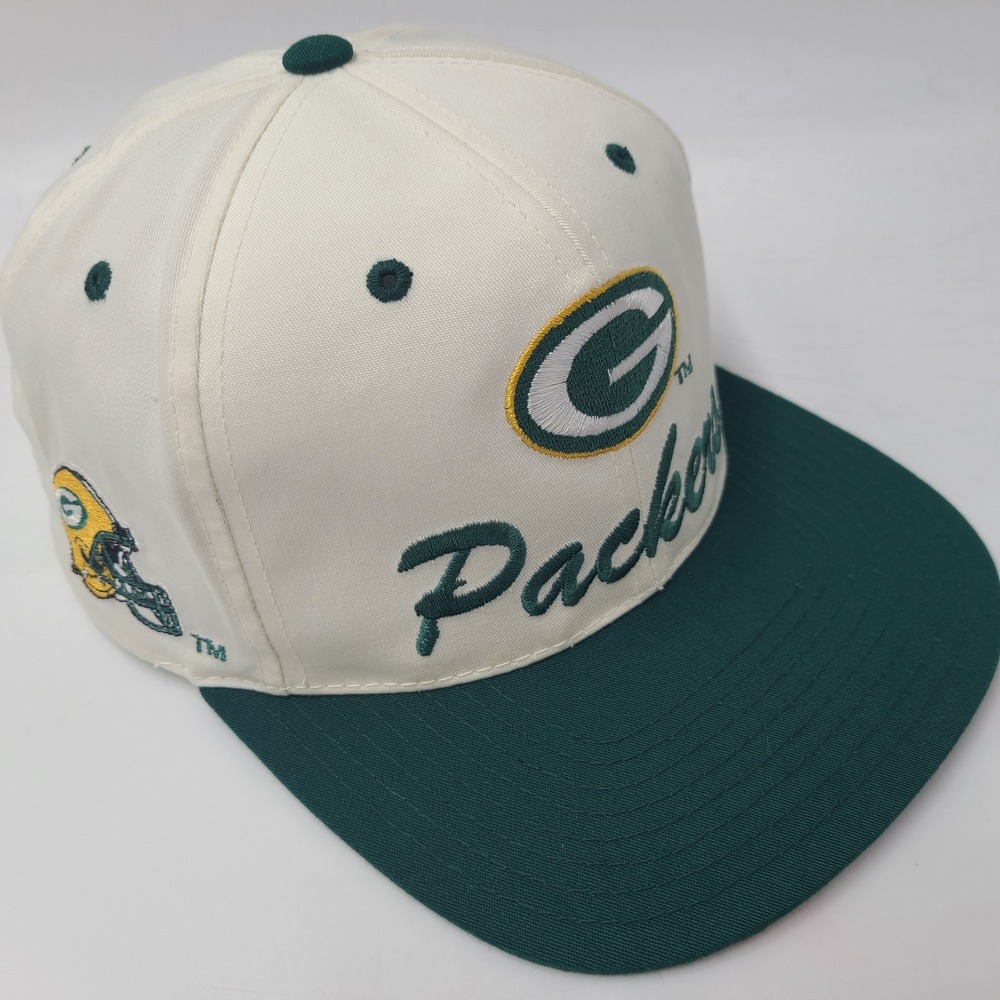 Vintage Green Bay Packers Hat Snapback Logo 7 White Green NFL Football Script